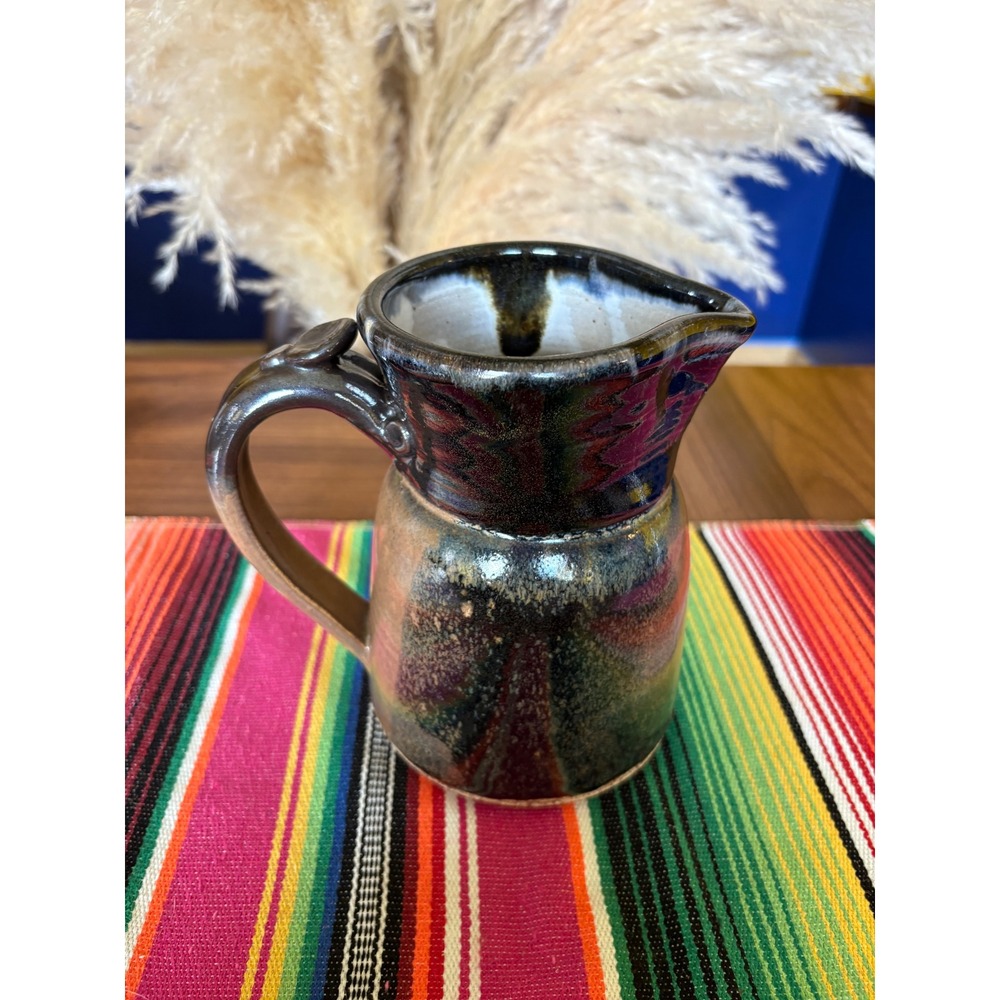 Studio Pottery Iridescent Glaze Pitcher Handmade Stoneware‎ Creamer Black Bronze